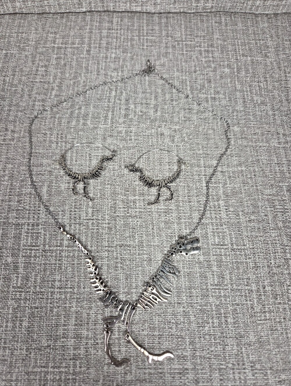 Silver Tone Dinosaur Skeleton Necklace & Hoop Earrings Set